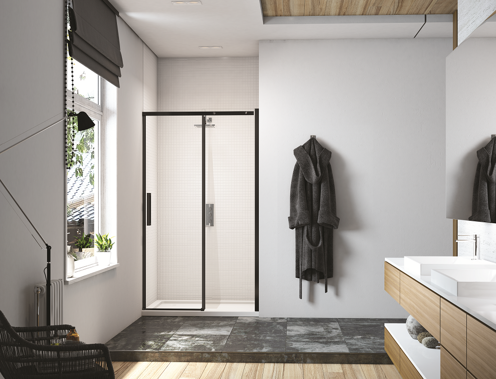 MERLYN - BLKBFSL1200H Matt Black Sliding Door 1200mm Including MStone Tray