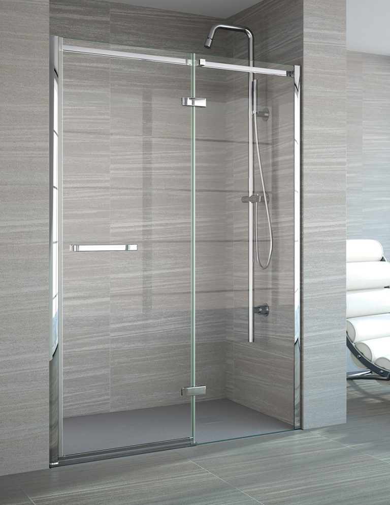 MERLYN A0611THB Series 8 Frameless Hinged Shower Door with In-Line Panel 1200mm & Shower Tray