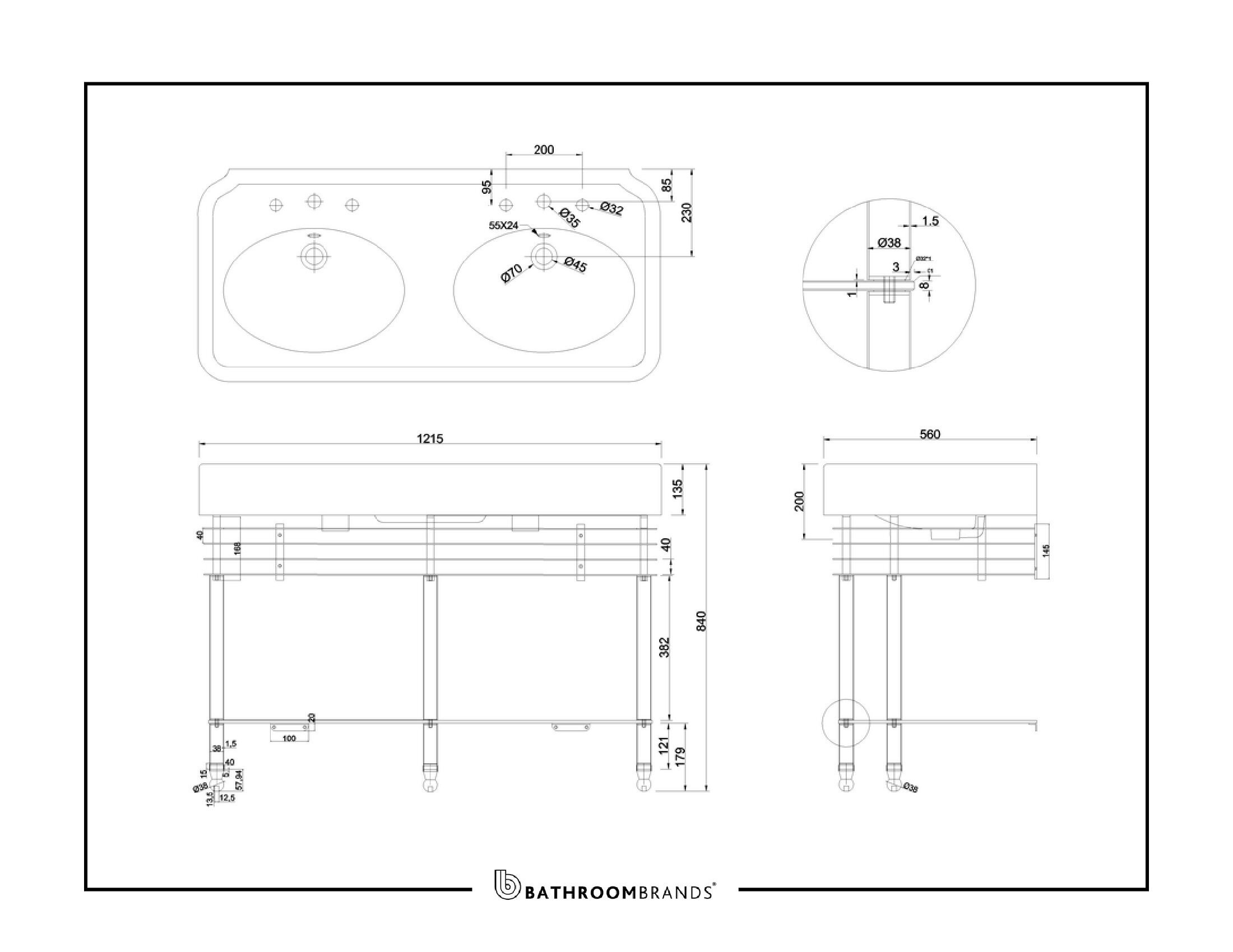 Burlington ARC12003TH Arcade Double Basin 1215 x 560mm 3 Tapholes (Pedestal Or Console Legs NOT Included)