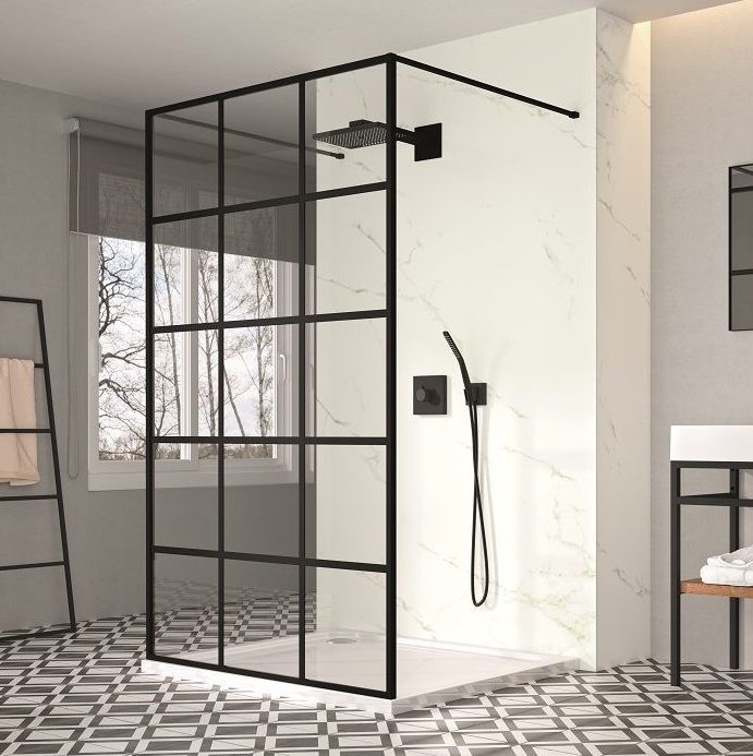 MERLYN - BLKFSWCTL120D Matt Black Framed 1200mm Showerwall Double Entry Wetroom Panel