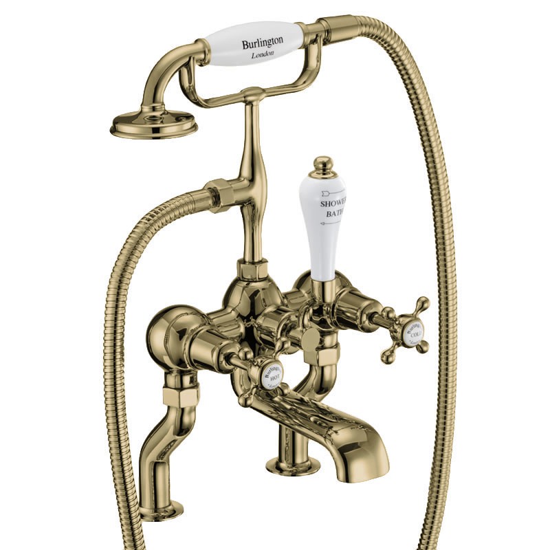 Burlington CL15QTGOLD Claremont Quarter Turn Deck Mounted Bath Shower Mixer with S Adjuster Gold with White Indicies