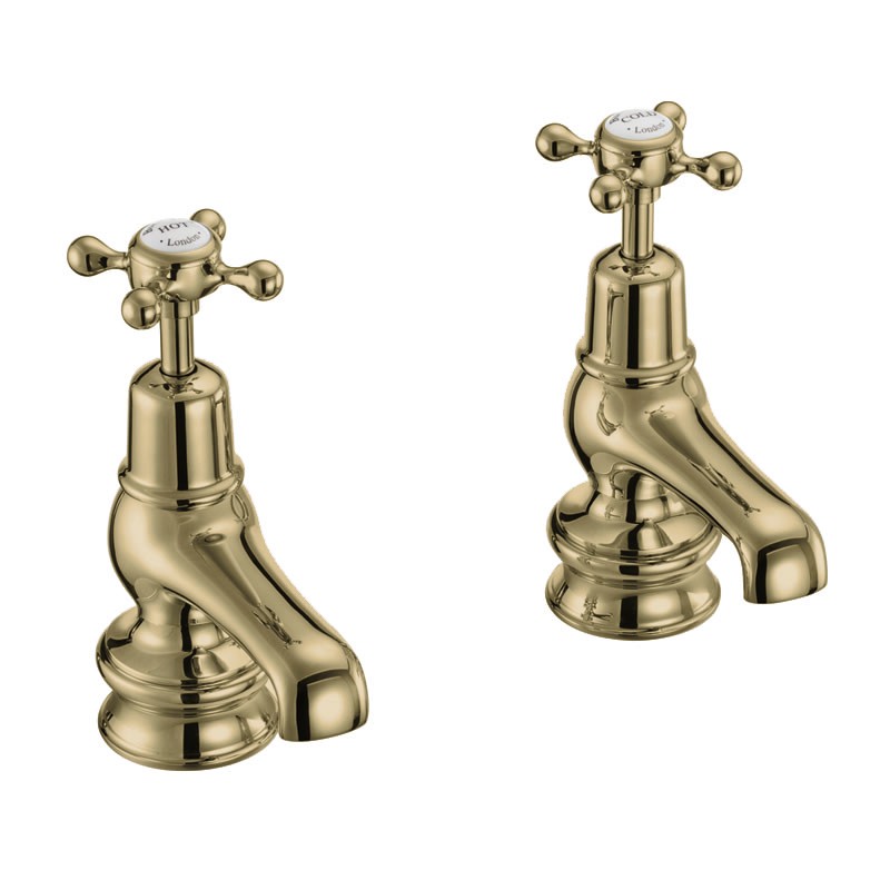 Burlington CLR1QTGOLD Claremont Regent Quarter Turn Cloakroom Basin Pillar Taps with 3(in) Nose Gold with White Indicies