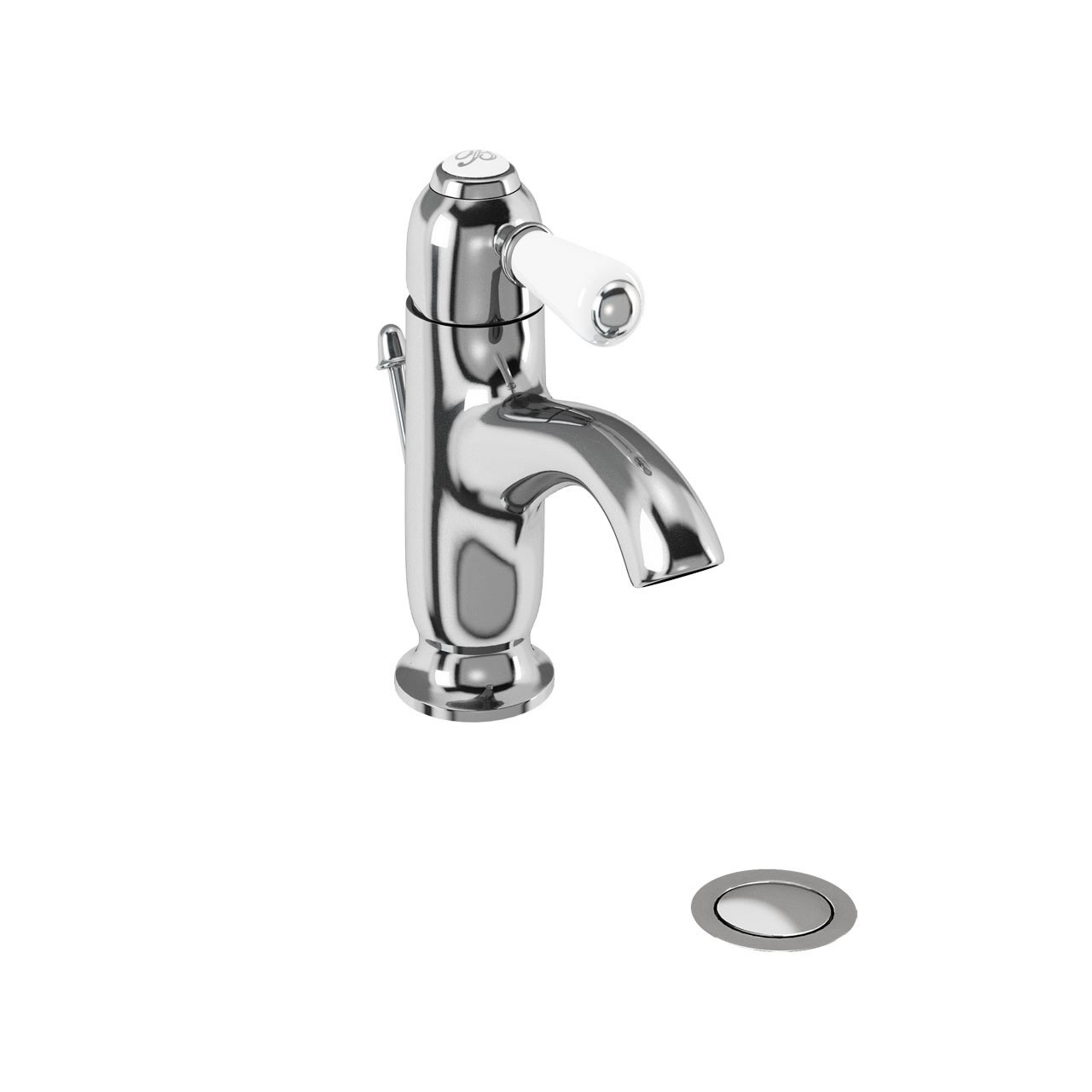 Burlington CH22 Chelsea Curved Spout Monobloc Basin Mixer with Pop-Up Waste Chrome & White Tap Lever