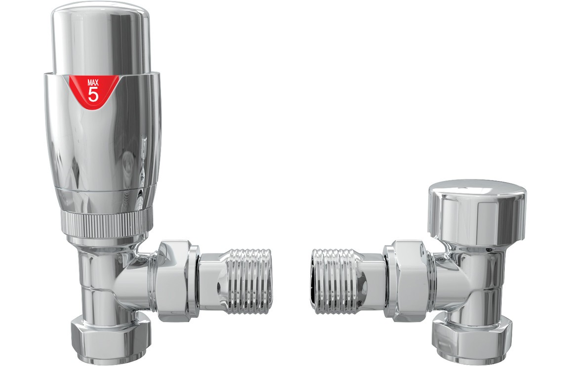 Round Thermostatic Chrome Radiator Valves - Angled [PLUM103021]