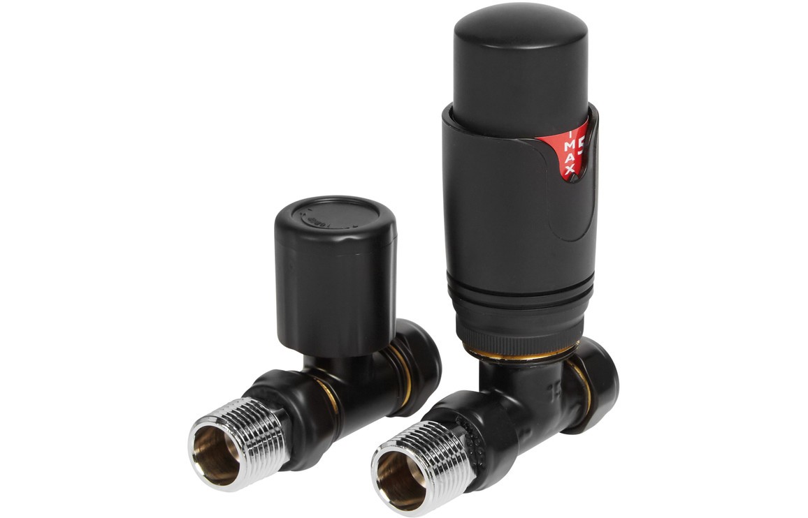 Round Thermostatic Matt Black Radiator Valves - Straight [PLUM105000]