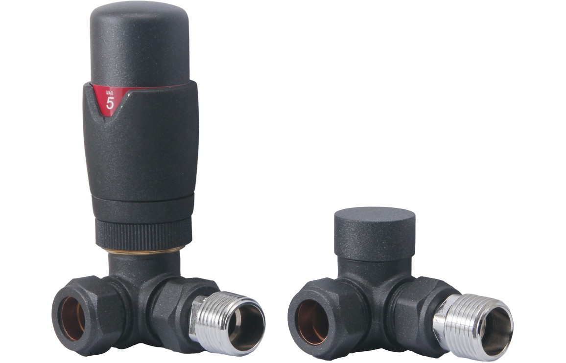 Round Thermostatic Anthracite Radiator Valves - Corner [PLUM104997]