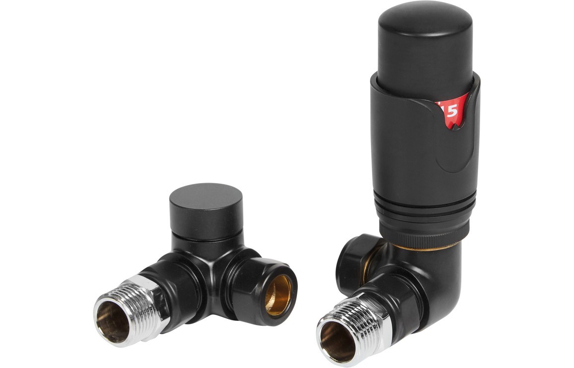 Round Thermostatic Matt Black Radiator Valves - Corner [PLUM105001]