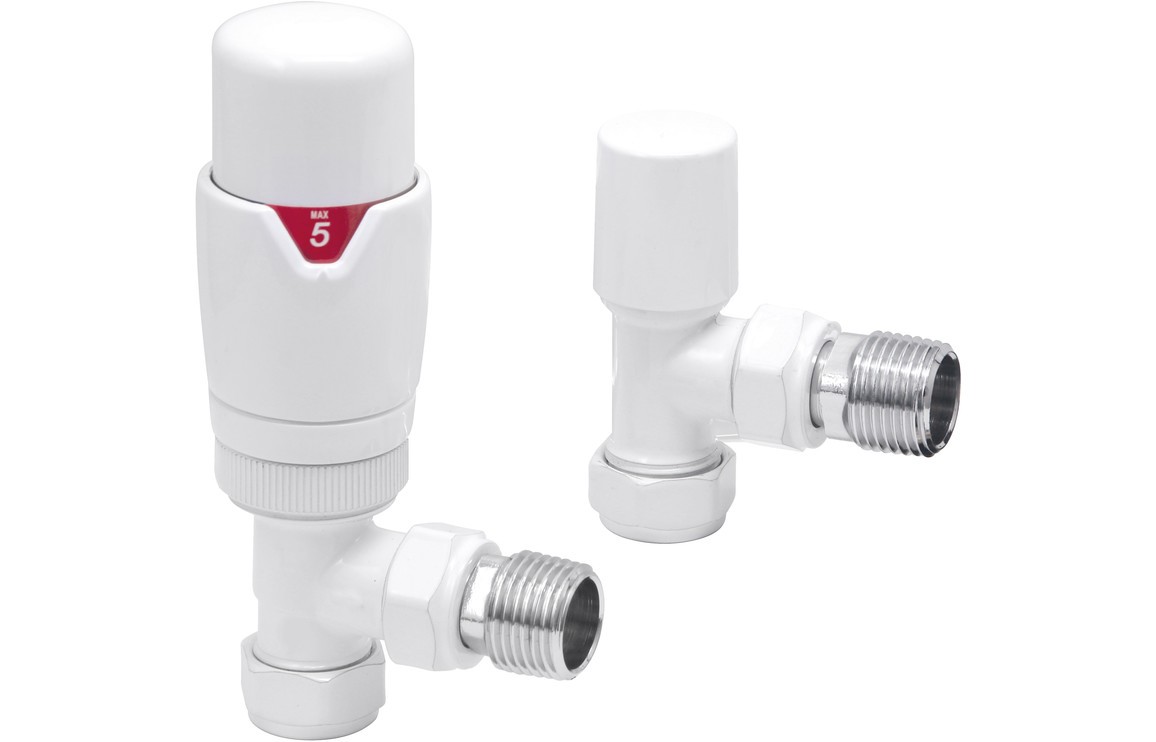 Round Thermostatic White Radiator Valves - Angled [PLUM105003]