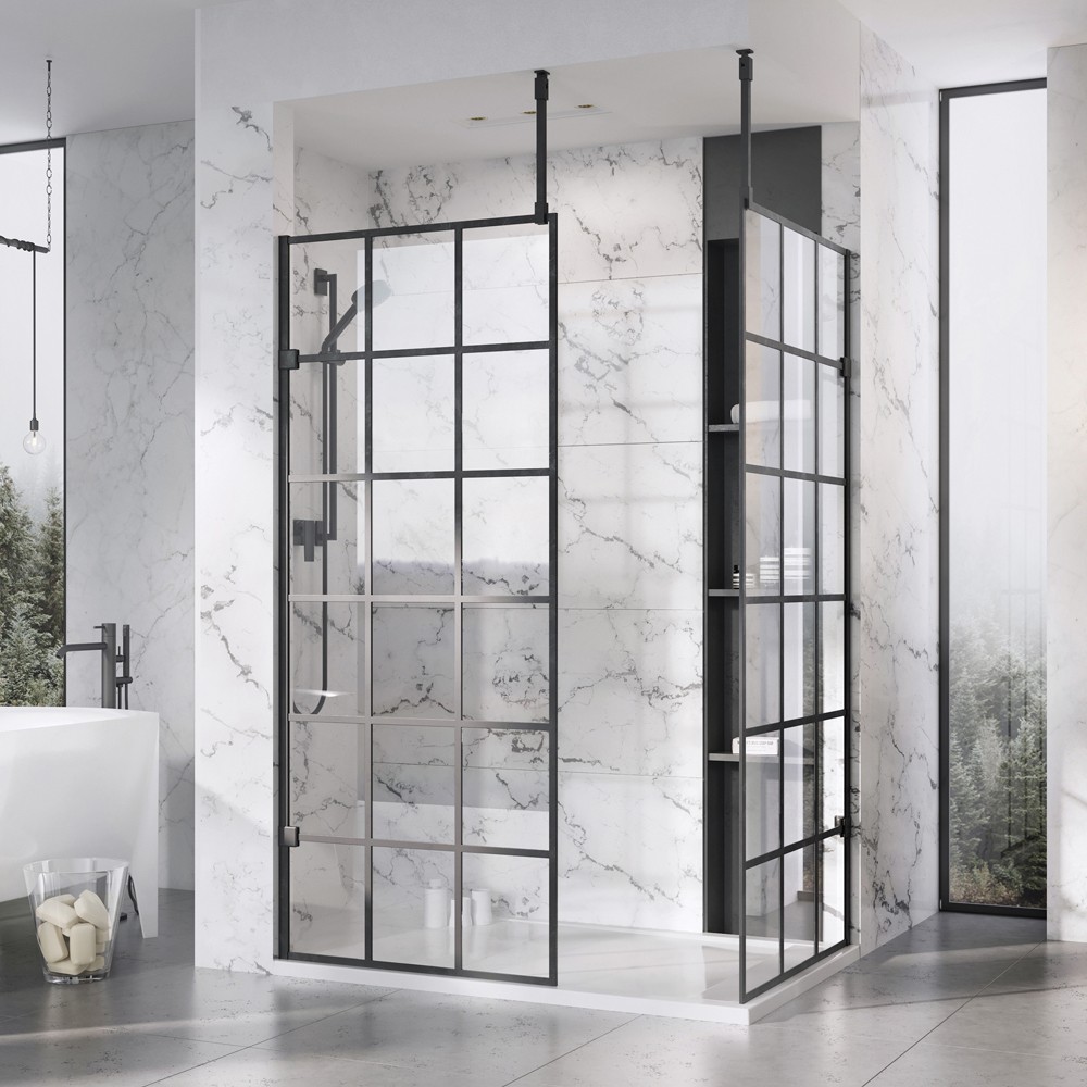 Roman Liberty Matt Black Grid Corner Wetroom Panel 957mm [KLCP10GPB] [WETROOM PANEL ONLY - BRACE BARS/FIXINGS NOT INCLUDED]