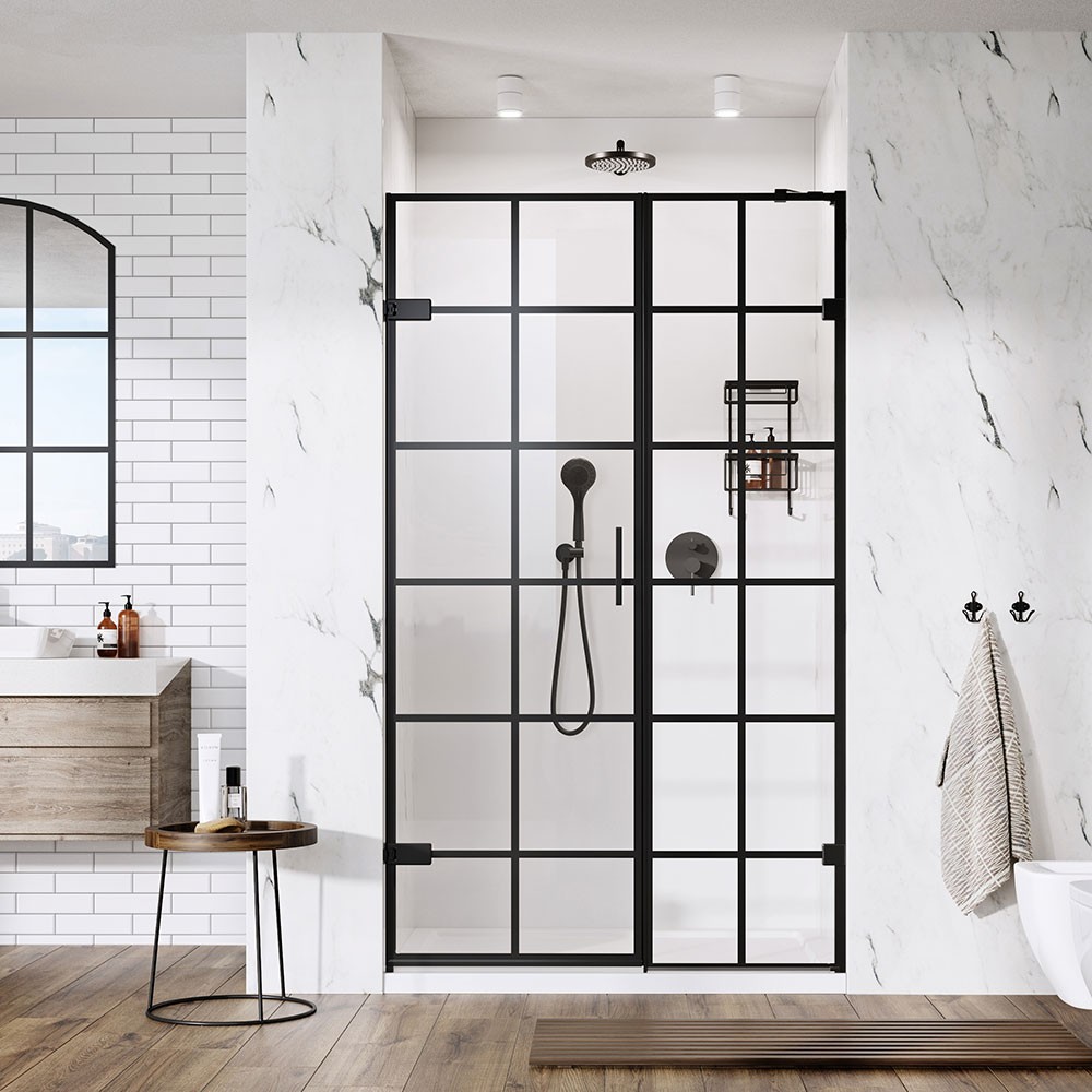 Roman Liberty Matt Black Grid In-Line Panel 760mm Alcove Fitting - Left Hand [TL1H76BGBL] [IN-LINE PANEL ONLY - DOOR NOT INCLUDED]