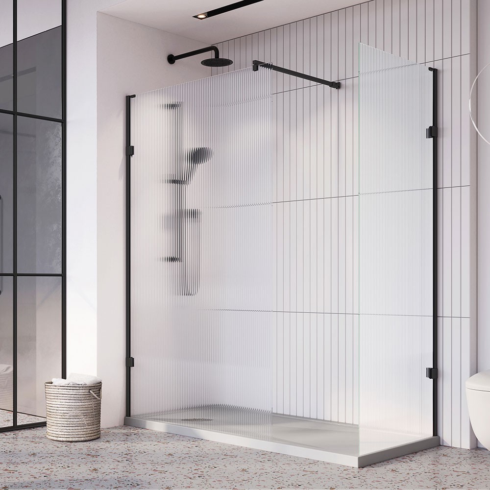 Roman Liberty Corner Wetroom Panel 1157mm Fluted Glass Matt Black [KLCP12FB] [WETROOM PANEL ONLY - BRACE BARS/FIXINGS NOT INCLUDED]