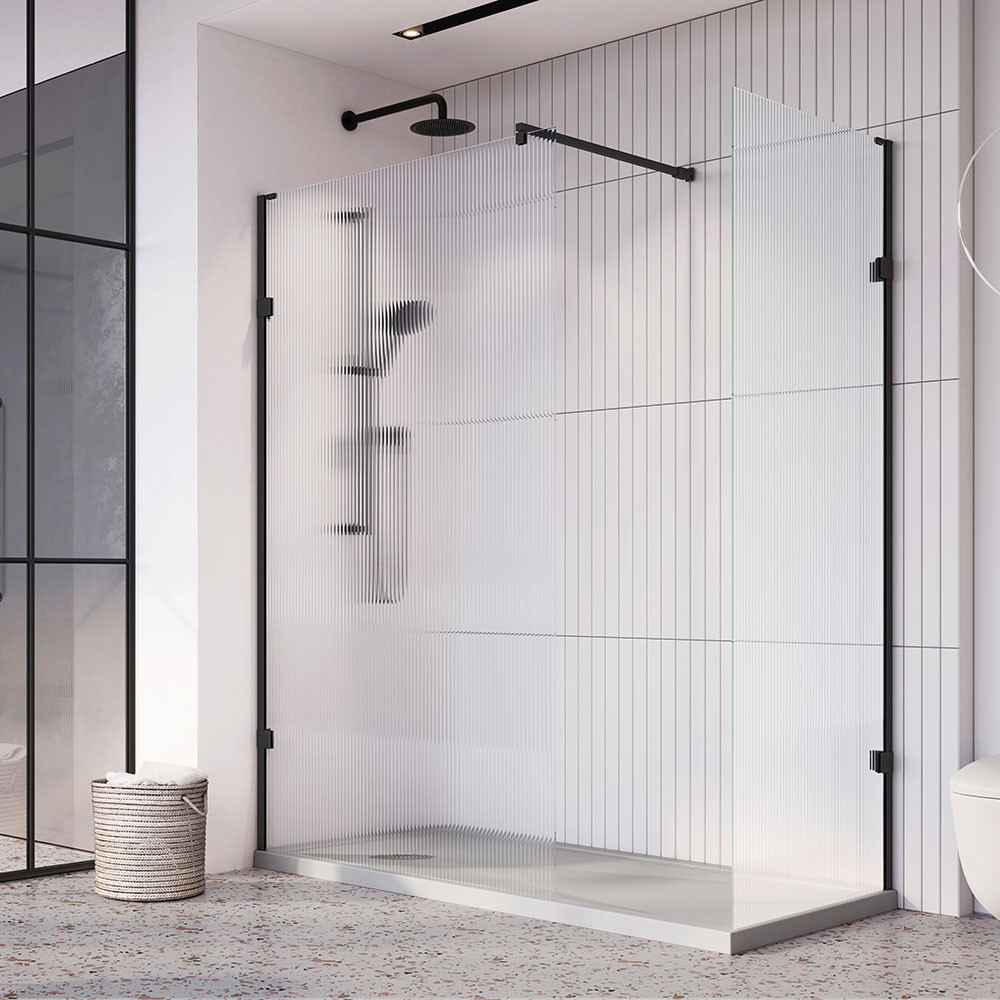 Roman Liberty Corner Wetroom Panel 757mm Fluted Glass Brushed Nickel [KLCP8FN] [WETROOM PANEL ONLY - BRACE BARS/FIXINGS NOT INCLUDED]