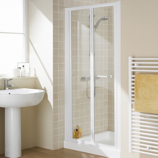 Lakes LKVB075W Classic 6mm Semi-Frameless Bi-Fold Shower Door 750x1850mm White Frame (Side Panel NOT Included)