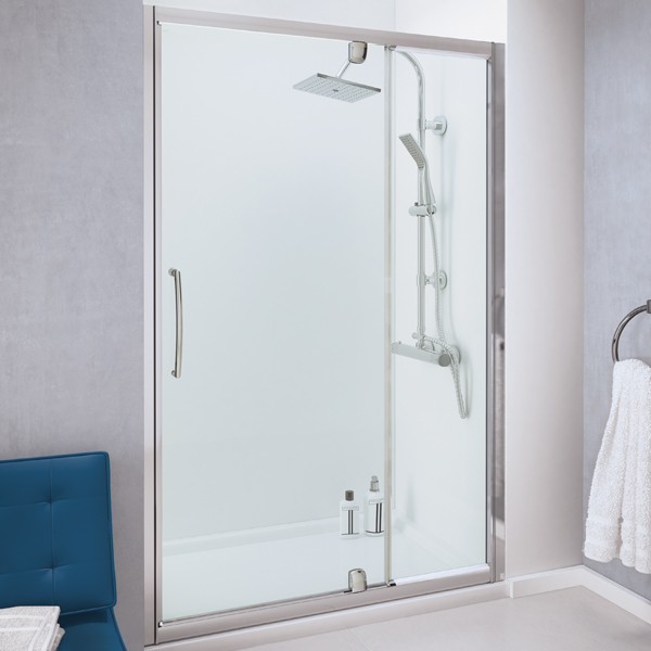 Lakes LKVPI110S Classic 6mm Semi-Frameless Pivot Shower Door with Integrated In-Line Panel 1100x1850mm Polished Silver Frame (Side Panel NOT Included)