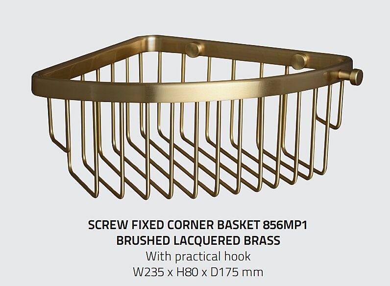 Miller 856MP1 Classic Fixable or Gluable Corner Basket 235x175mm Brushed Brass (Adhesive Not Included)
