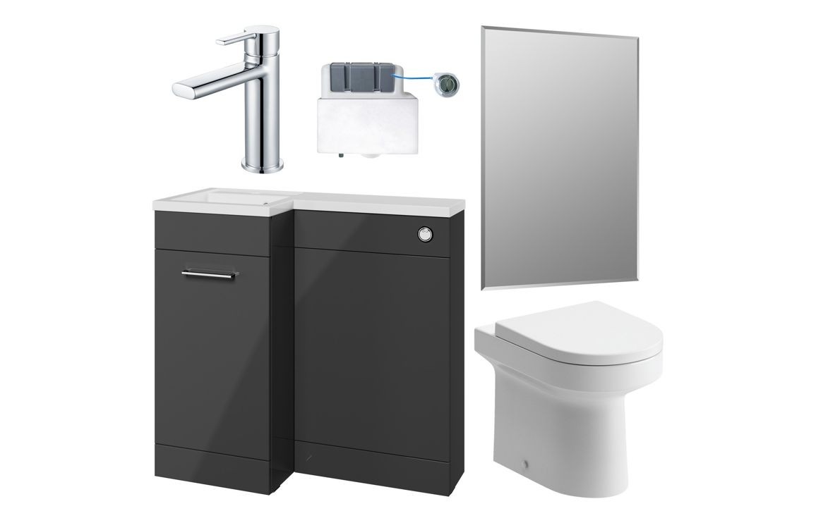 Venice L-Shape Basin Unit (LH) 900mm with Basin (1TH) Toilet Pack & Mirror Anthracite Gloss [PLUM111630]