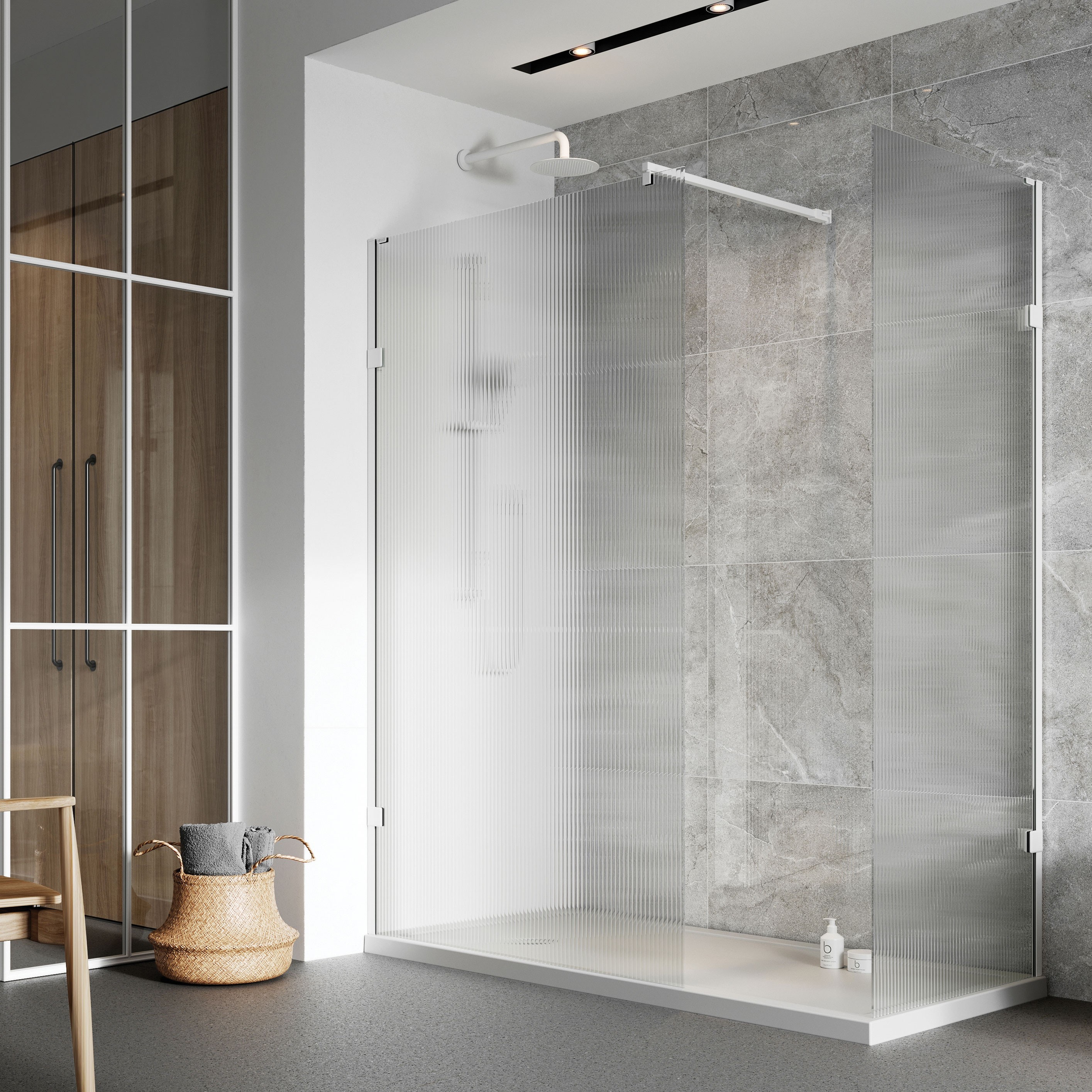 Roman Liberty Corner Wetroom Panel 1057mm Fluted Glass Matt White [KLCP11FW] [WETROOM PANEL ONLY - BRACE BARS/FIXINGS NOT INCLUDED]