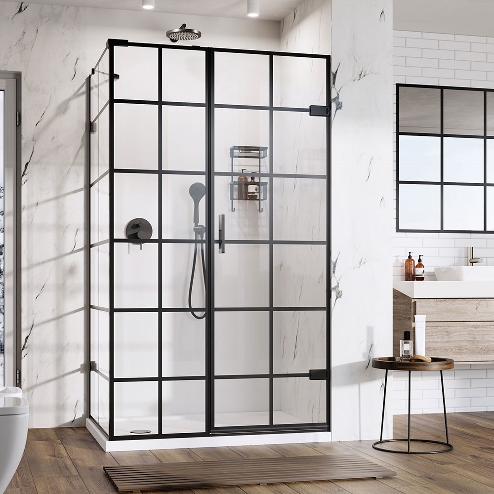 Roman Liberty Matt Black Grid In-Line Panel 1600mm Corner Fitting - Right Hand [TL1HR16BGBR] [IN-LINE PANEL ONLY - DOOR/SIDE PANEL NOT INCLUDED]