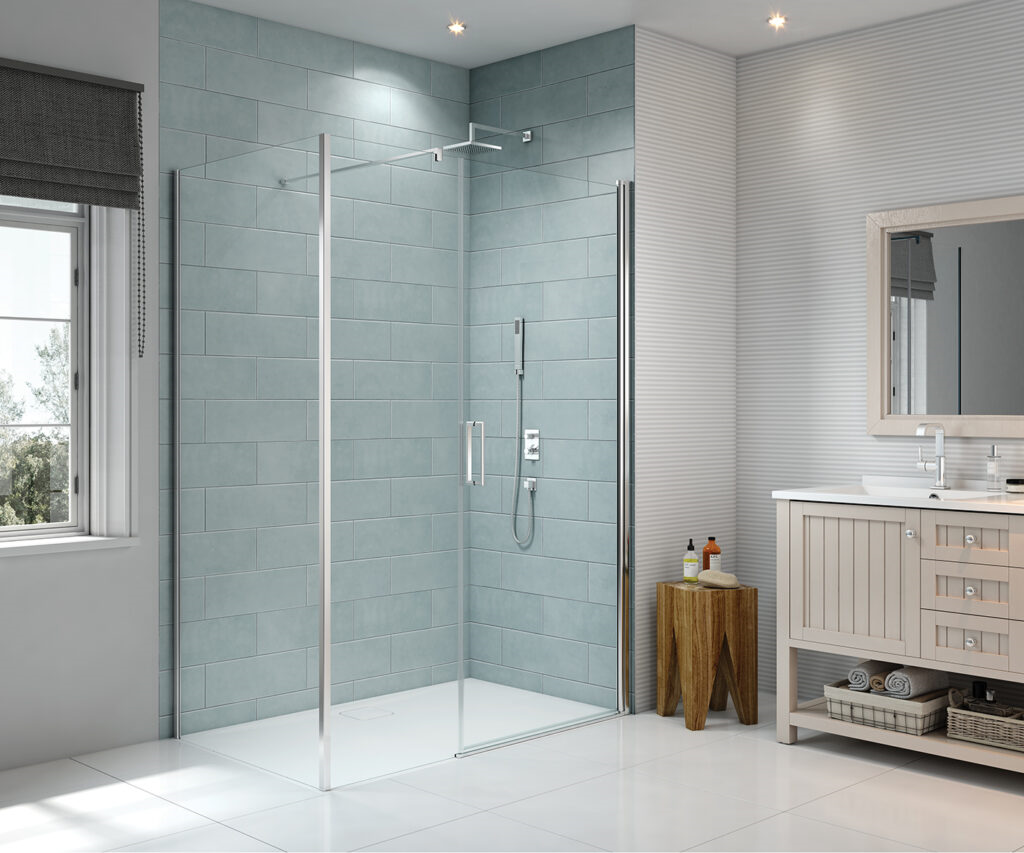 MERLYN S8FPI1404H Series 8 Frameless Pivot Shower Door 1400mm with In-Line Panel 400mm