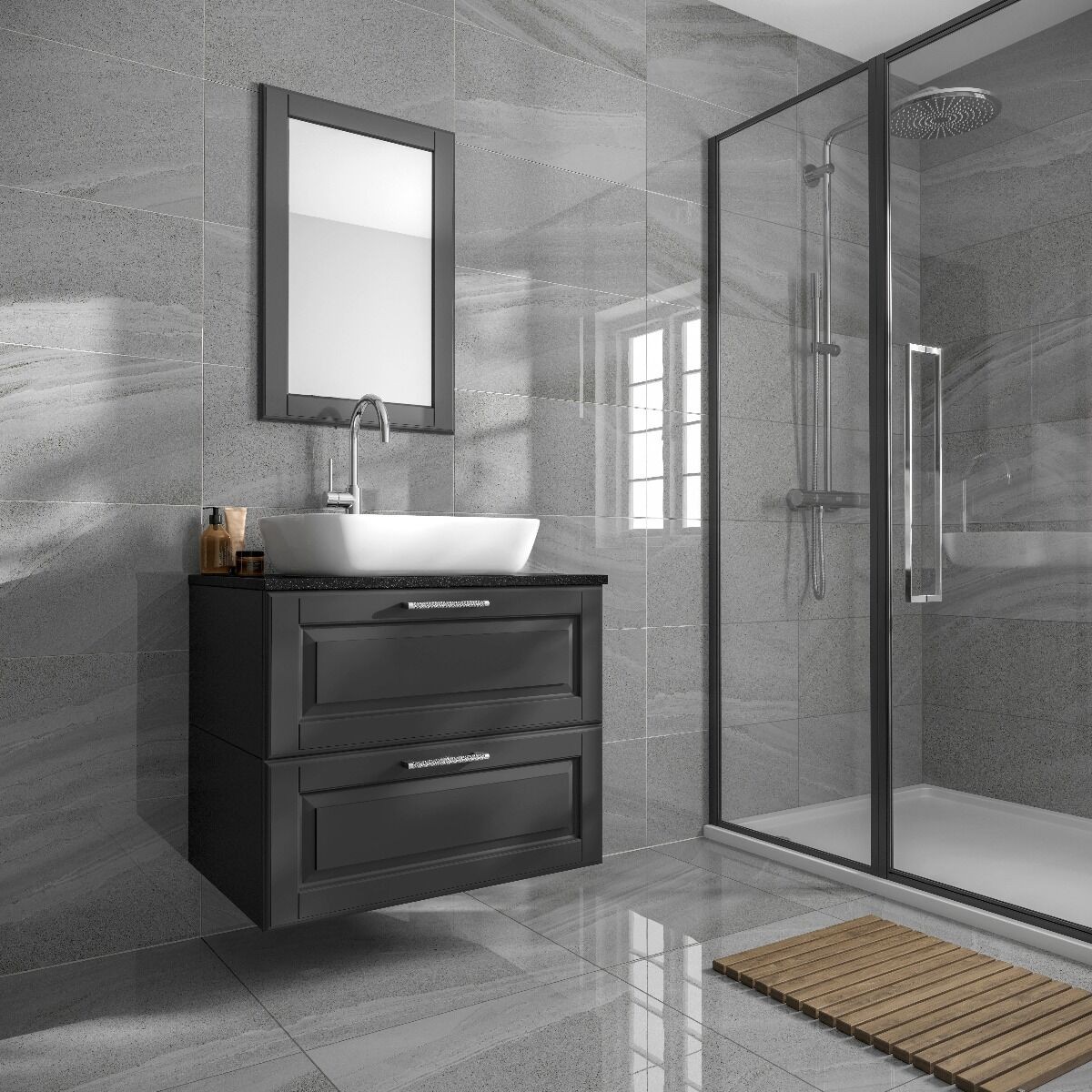 Verona Anderley Porcelain Floor & Wall Tile 600 x 600mm Polished Dark Grey [P10965]