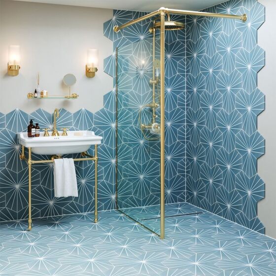 Verona Sunburst Porcelain Hexagonal Floor & Wall Tile 267 x 232mm Sea Blue [P11108]