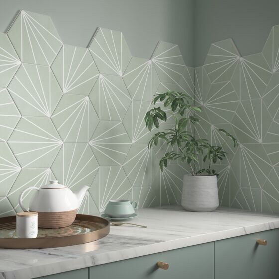 Verona Sunburst Porcelain Hexagonal Floor & Wall Tile 267 x 232mm Mint [P11110]