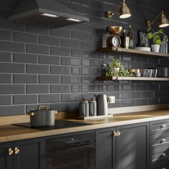 Verona Metro Ceramic Wall Tile 300 x 100mm Dark Grey Gloss [P11545]