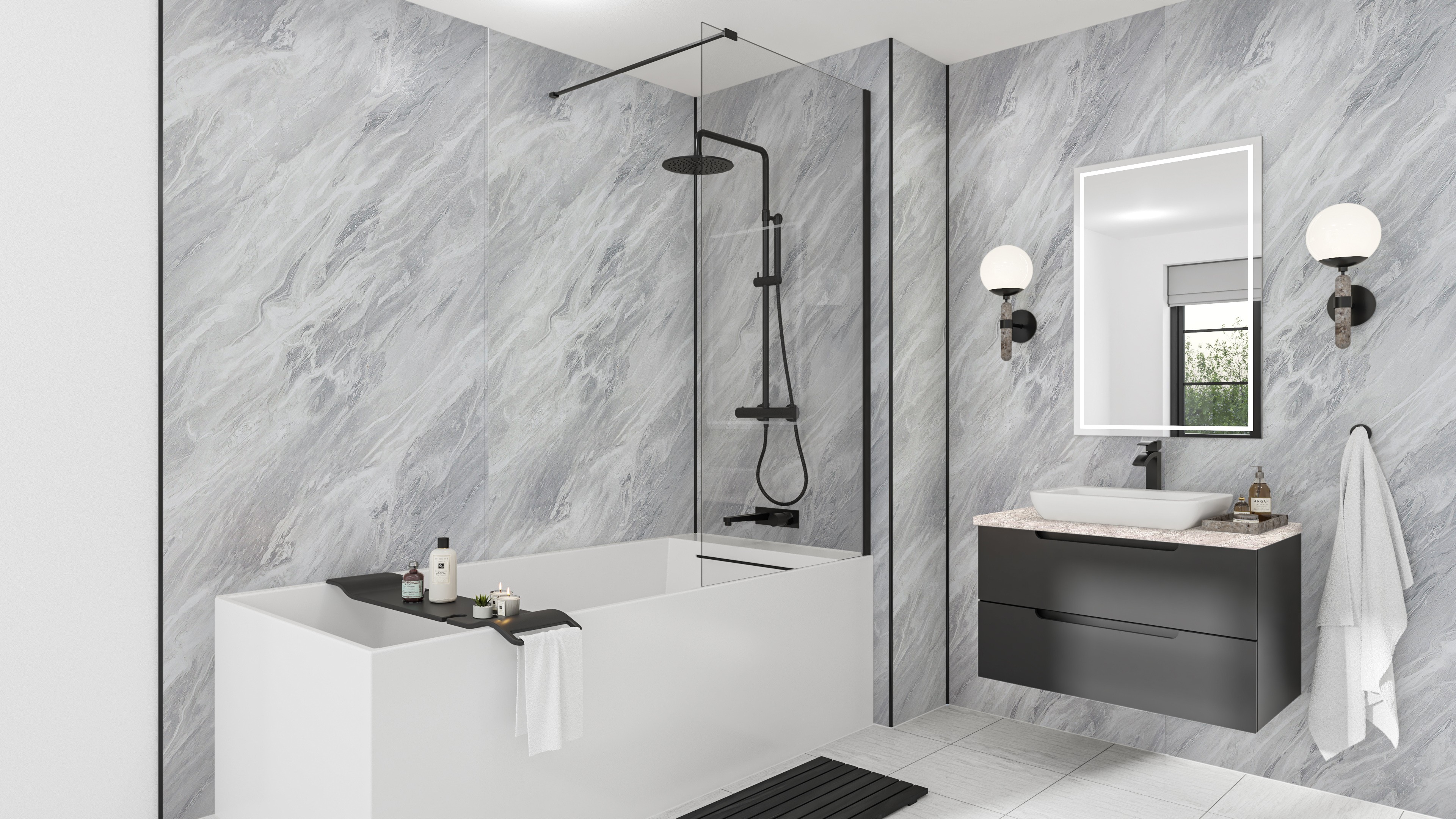 Wetwall Mermaid Square Edge Laminate Shower Panel 2420 x 900mm Brera Marble [11900383]