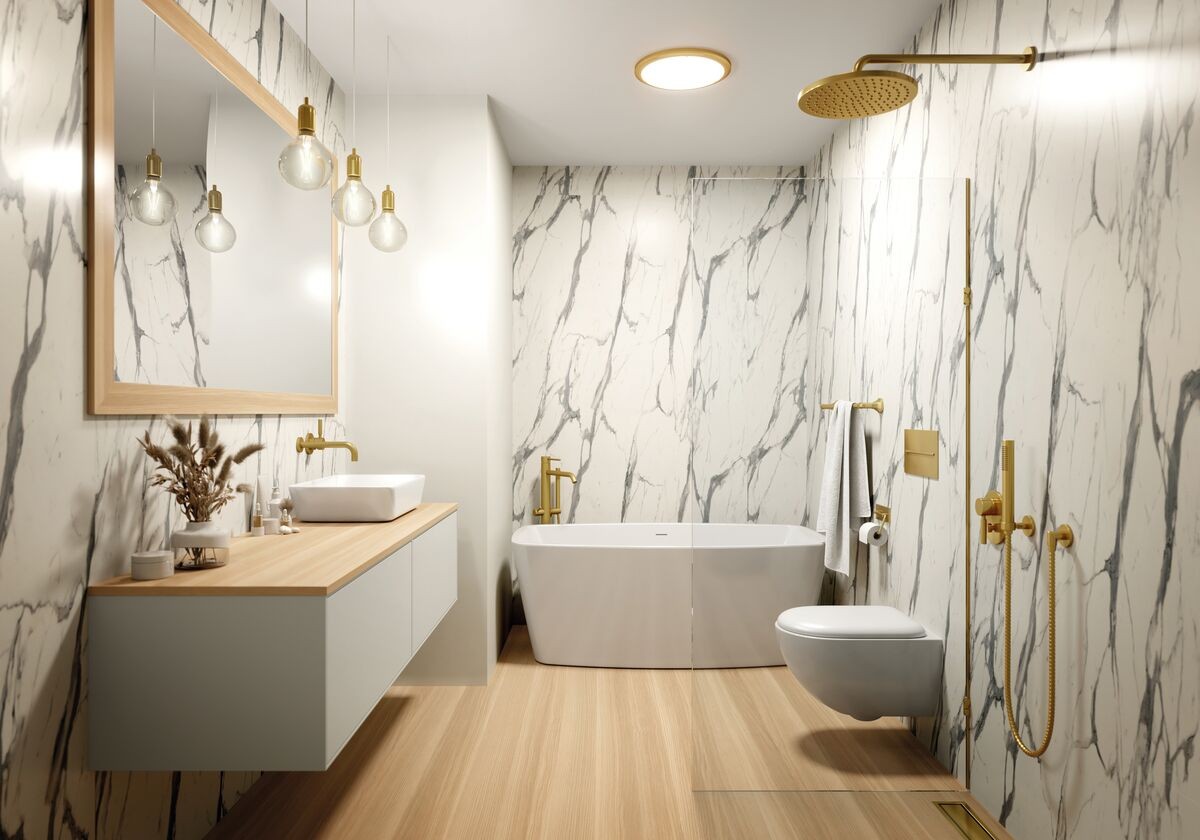 Wetwall Mermaid Square Edge Laminate Shower Panel 2420 x 900mm Calacatta Statuario [11900390]
