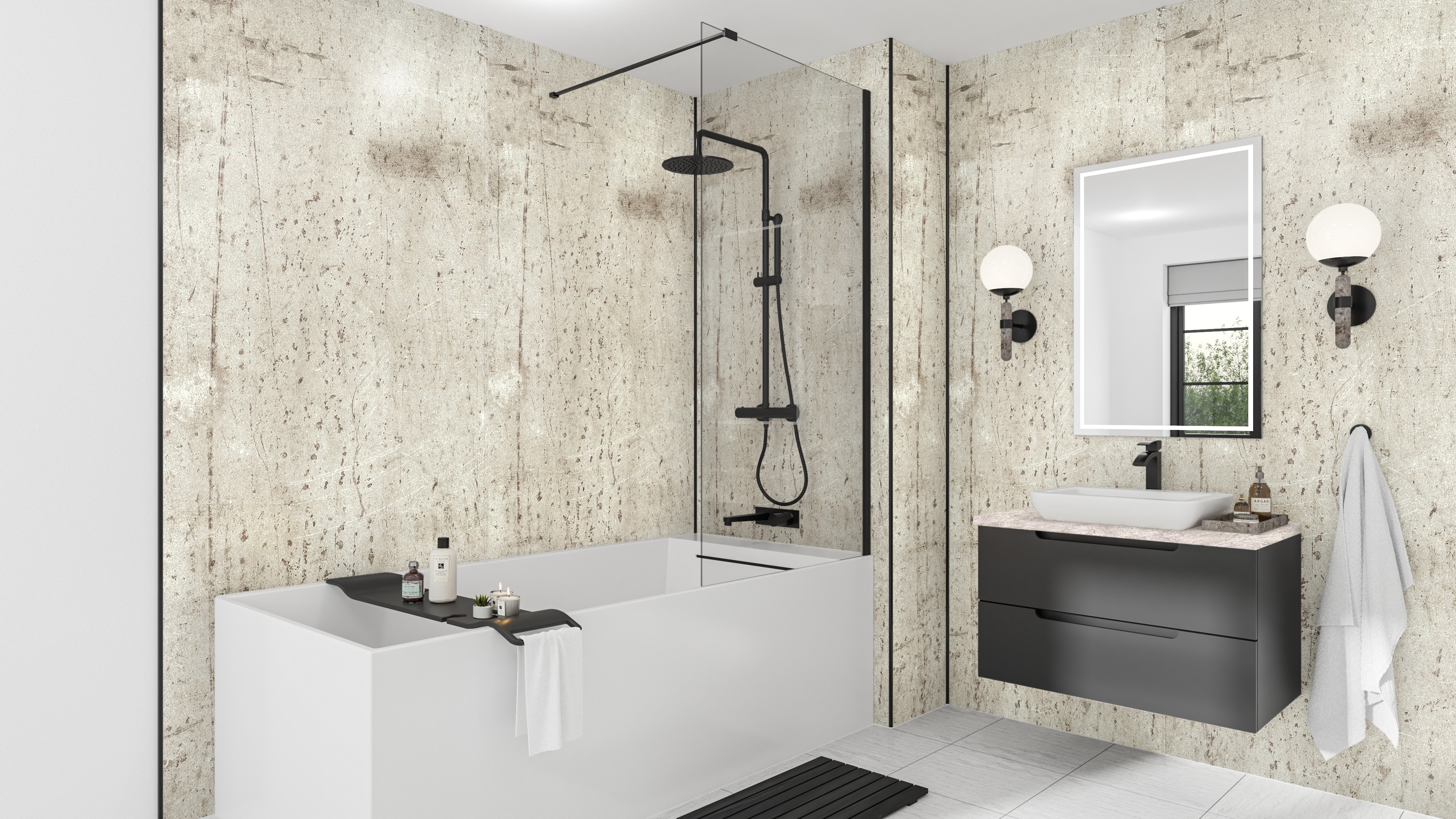 Wetwall Mermaid T&G Laminate Shower Panel 2420 x 585mm Cream Stone [WP-CST-2420X590-TG]