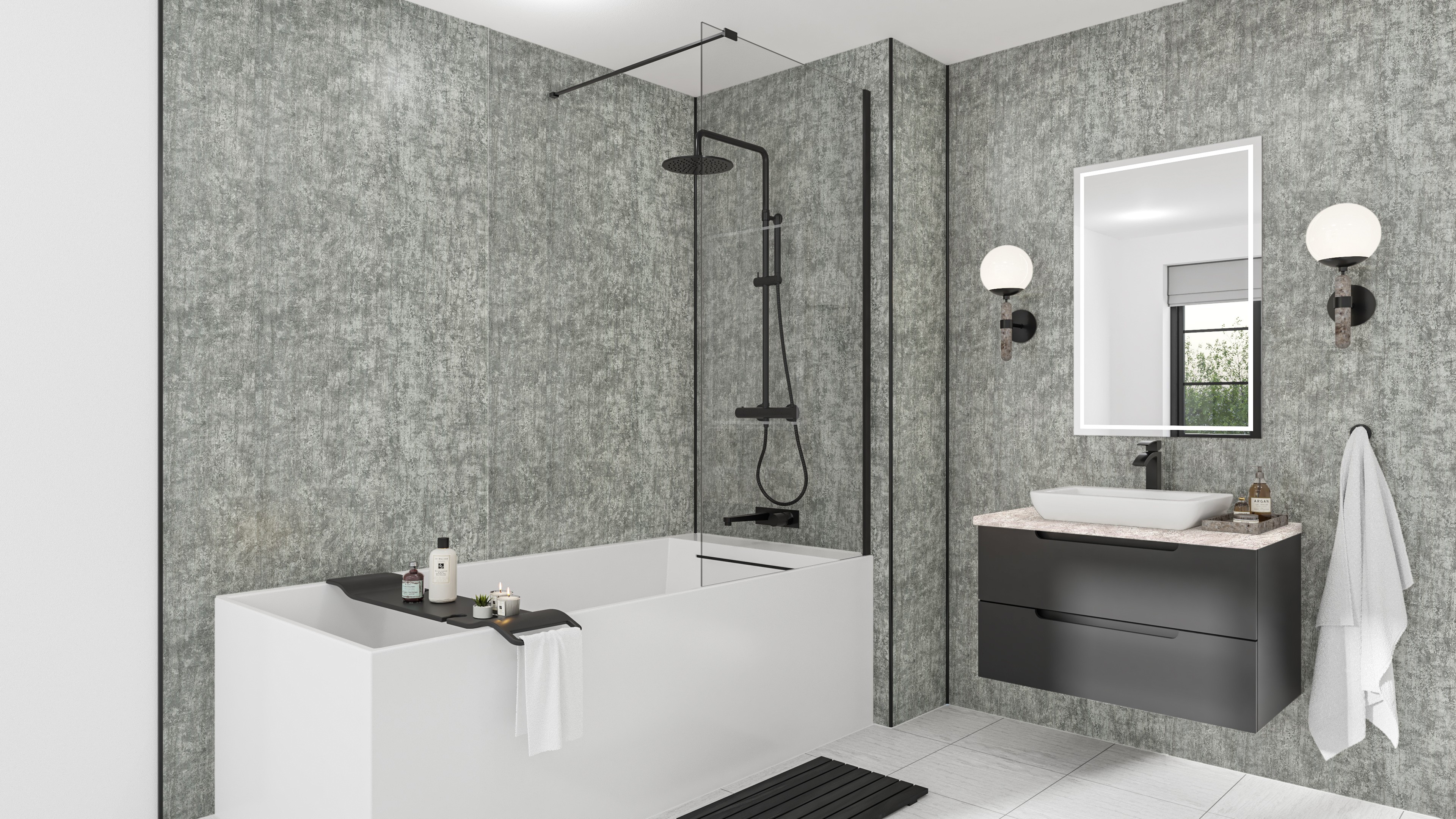 Wetwall Mermaid Square Edge Laminate Shower Panel 2420 x 900mm Platinum Stone [WP-MS-2420X900-CC]