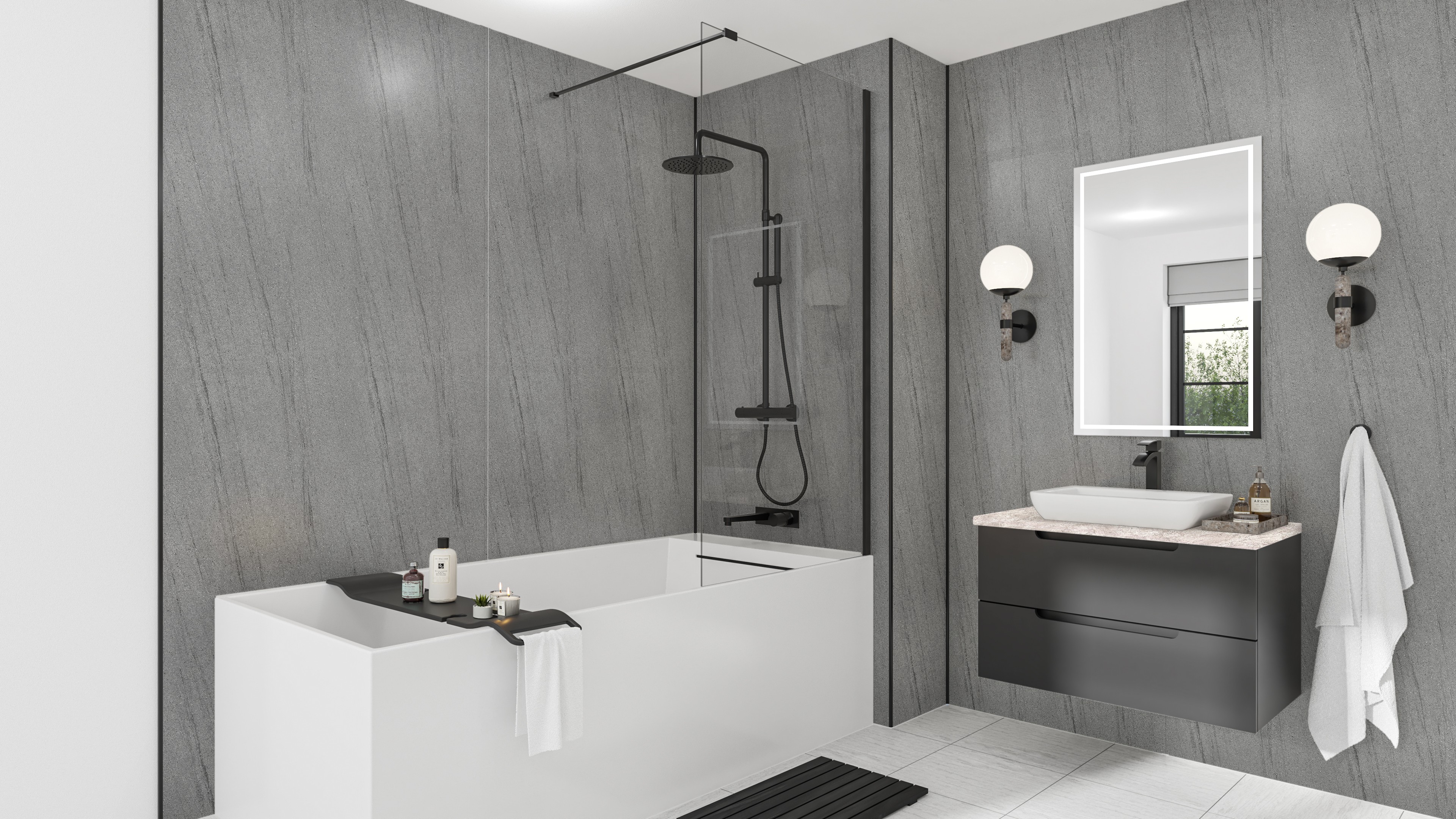 Wetwall Mermaid Square Edge Laminate Shower Panel 2420 x 900mm Silver Granite [11900386]