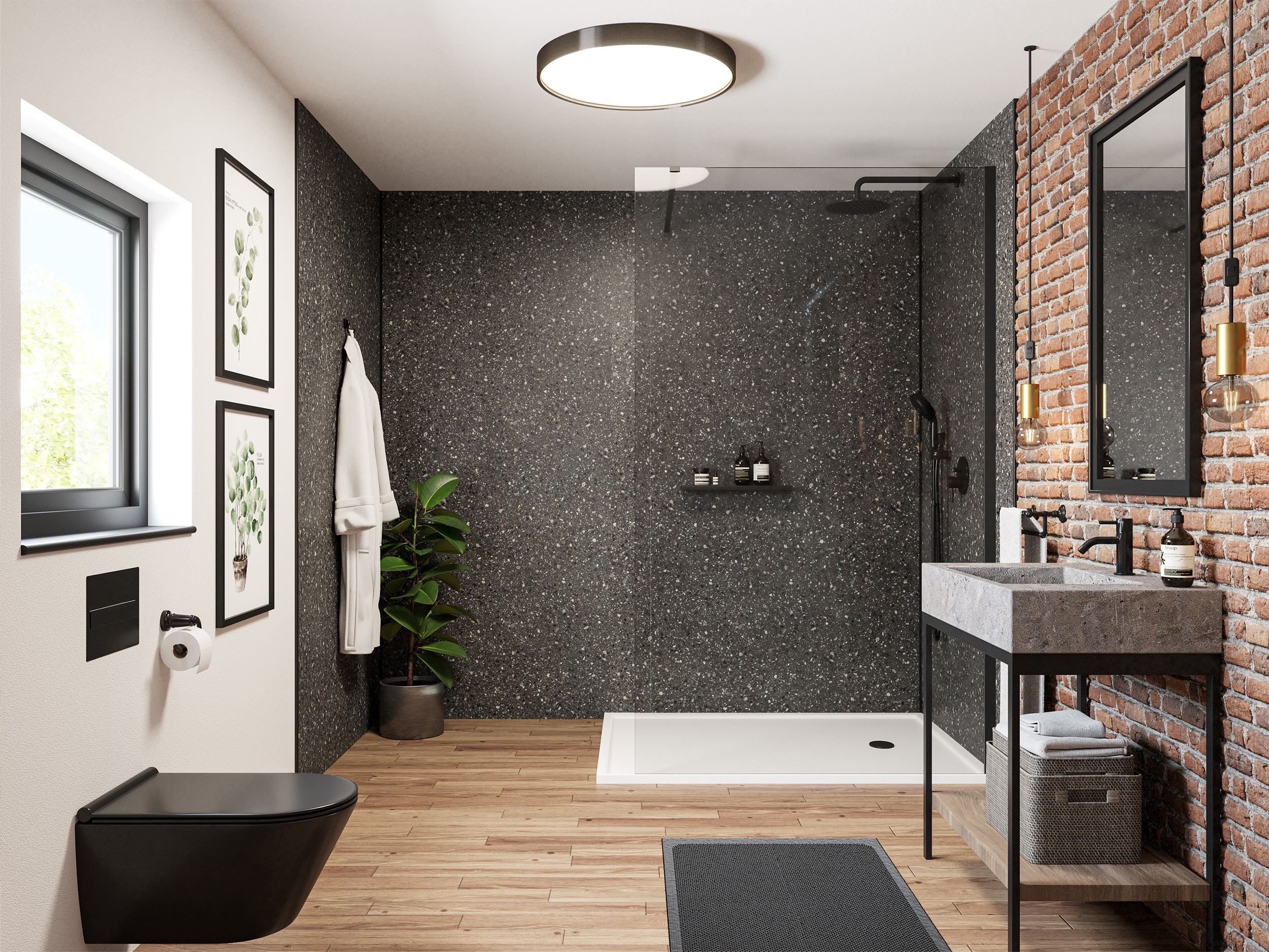 Wetwall Mermaid Square Edge Laminate Shower Panel 2420 x 900mm Terrazzo Noir [11900393]