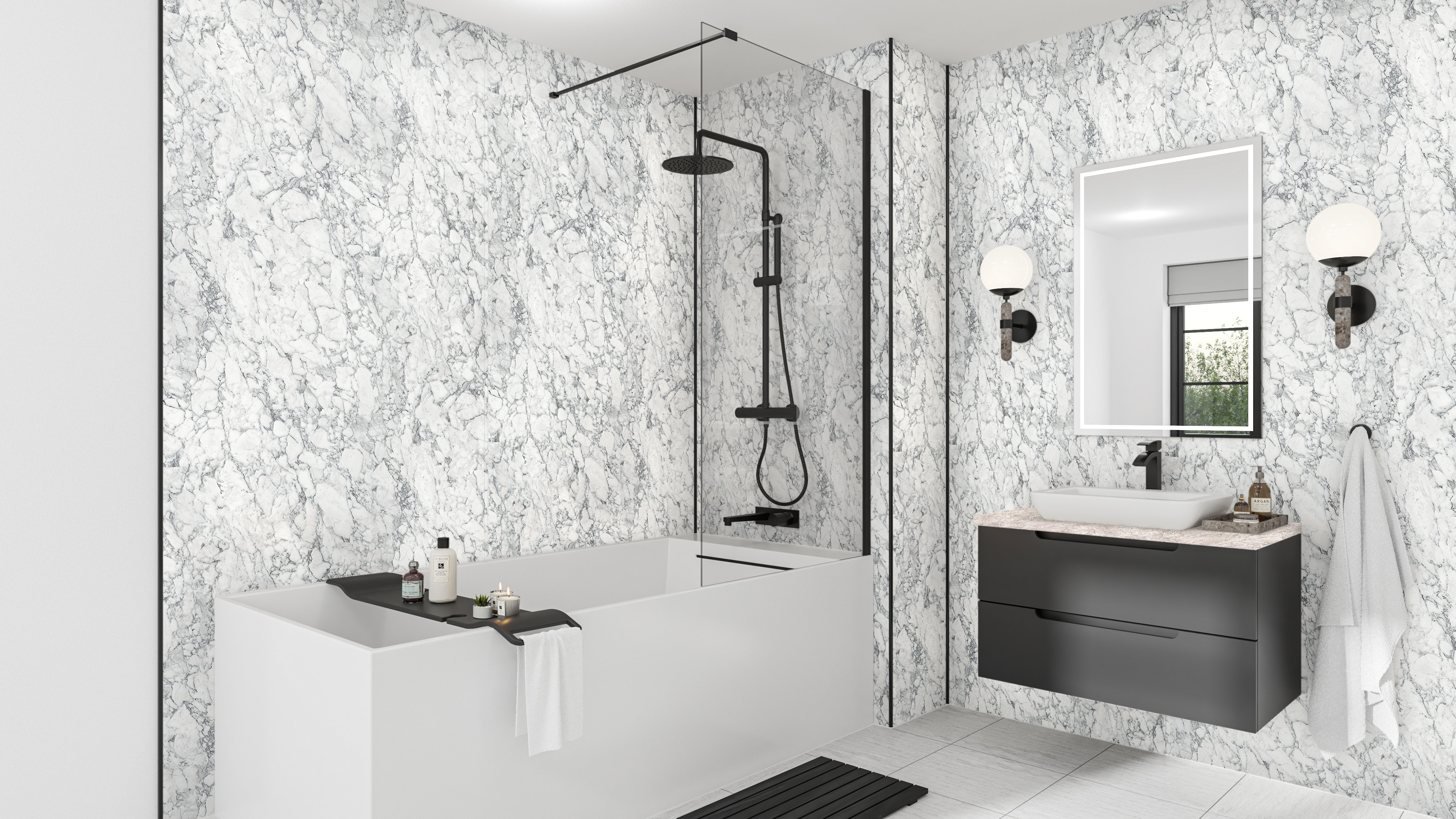 Wetwall Mermaid Square Edge Laminate Shower Panel 2420 x 1210mm White Marble [WP-WMA-2420X1200-CC]