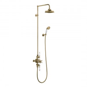 BURLINGTON AVON THERMOSTATIC EXPOSED SHOWER VALVE WITH 2 OUTLETS SHOWER ARM HANDSET & HOLDER WITH HOSE GOLD (HEAD AND RISER NOT INCLUDED)