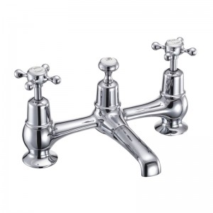 Burlington CL10 Claremont Bridge (H Type) Basin Mixer with Plug & Chain Waste & Swivel Spout Chrome with White Indicies