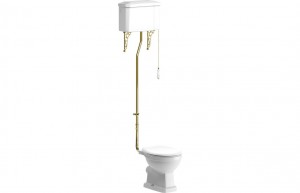 Salerno WC Pan with High Level Cistern Soft Close Seat & Brushed Brass Fittings [PLUM106871]