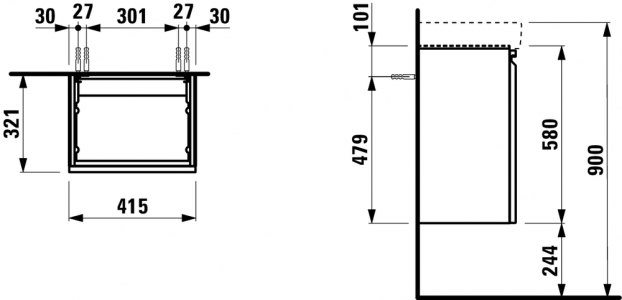 Laufen 833020964801 Pro S Vanity Unit - 1x Right Hinged Door & 1x Glass Shelf 321x415x580mm Graphite (Vanity Unit Only - Basin NOT Included)