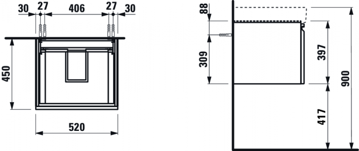 Laufen 833520964801 Pro S Vanity Unit - 1x Drawer & Interior Drawer 520x450x390mm Graphite (Vanity Unit Only - Basin NOT Included)