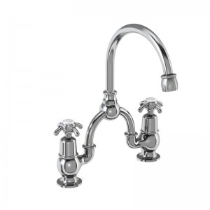 Burlington AN27 Anglesey Bridge Basin Mixer with Curved Spout (200mm Tap Centre) Chrome (White Indicies)