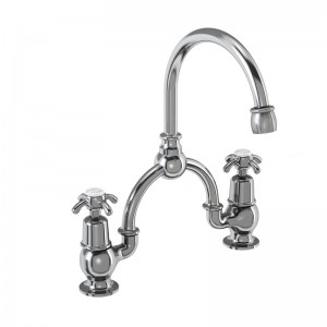 Burlington AN28 Anglesey Bridge Basin Mixer with Curved Spout (230mm Tap Centre) Chrome (White Indicies)