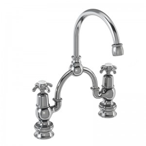 Burlington ANR28 Anglesey Regent Bridge Basin Mixer with Curved Spout (230mm Tap Centre) Chrome (White Indicies)