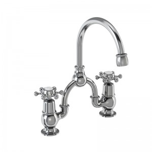 Burlington BI27 Birkenhead Bridge Basin Mixer with Curved Spout (200mm Tap Centre) Chrome (White Indicies)