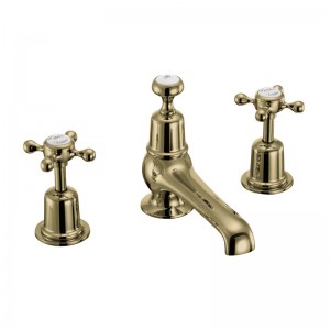 Burlington CL12QTGOLD Claremont Quarter Turn 3 Taphole Basin Mixer with Pop-Up Waste Gold with White Indicies