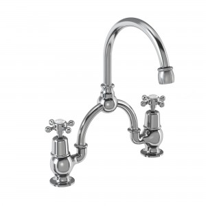 Burlington CL28 Claremont Bridge Basin Mixer with Curved Spout (230mm Tap Centre) Chrome with White Indicies