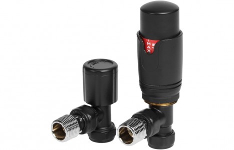 Round Thermostatic Matt Black Radiator Valves - Angled [PLUM104999]