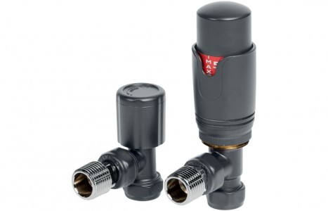 Round Thermostatic Anthracite Radiator Valves - Angled [PLUM104995]