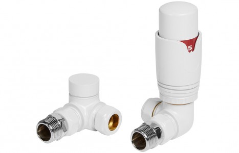 Round Thermostatic White Radiator Valves - Corner [PLUM105004]