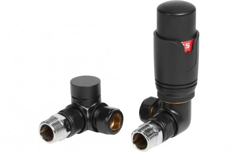 Round Thermostatic Matt Black Radiator Valves - Corner [PLUM105001]