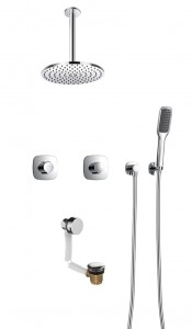 Flova AL3WPK2 Allore Thermostatic 3-Outlet Shower Valve with Fixed Head/Hand Shower Kit & Bath Overflow Filler Chrome